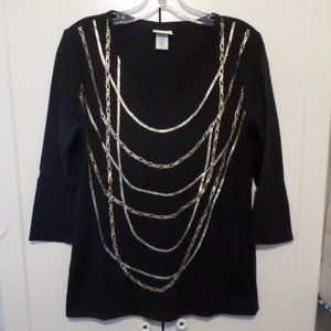 Jaclyn Smith Status Print Gold Chains V Neck Tee Sz L